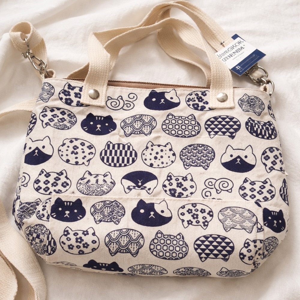 Charming Cat Print Canvas Tote Bag